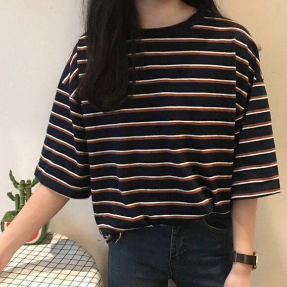 Classic Striped Boxy T-Shirt - Navy and Brown - Picture 1 of 7